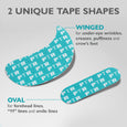 Turquoise peptide-infused face and eye tape in winged and oval shapes with white text pattern.