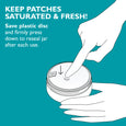 Illustrated instruction showing hand pressing plastic disc onto jar of hydra-gel patches with storage care directions.