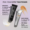 Two tubes of eye tightening gel beside swatches of translucent and tinted formulas on lavender background.