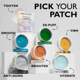 Six gel patches in blue, green, orange, yellow, silver, and light blue colors with labeled benefits arranged on white display