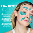Person wearing turquoise peptide-infused face and eye tape strips on forehead, cheeks, and under eyes against bright turquois