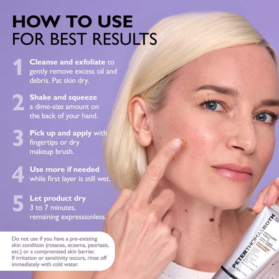 Woman with blonde hair applying clear face tightening gel to cheek with fingertip against purple background.