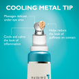 White jar with teal band and silver metal applicator tip on turquoise background with feature callouts.