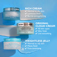 Three Peter Thomas Roth mini moisturizer jars on blue background labeled Rich Cream, Original Cloud Cream, and Weightless Jel
