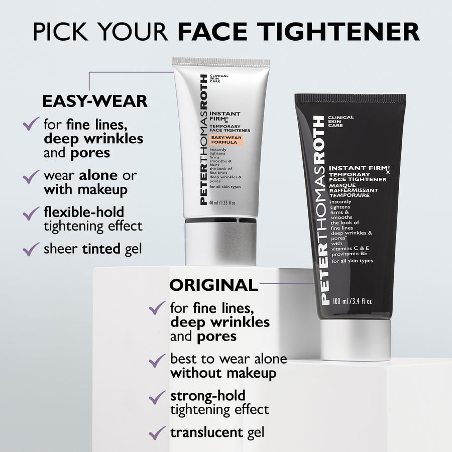 Two tubes of Instant FIRMx face tightener: white Easy-Wear Formula (4 fl oz) and black Original formula (100 ml) with product