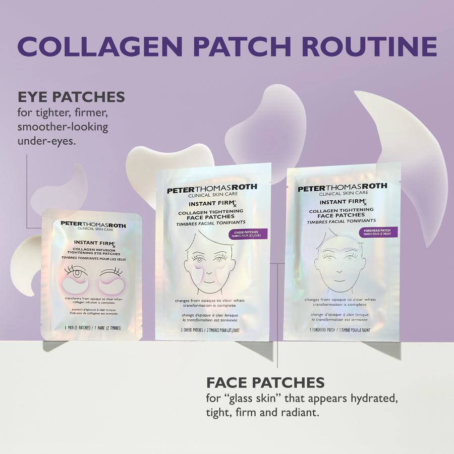 Three Peter Thomas Roth collagen patch products displayed with eye and face patch samples on purple background.