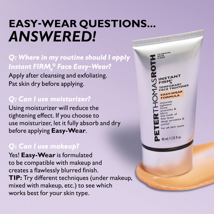 Peter Thomas Roth Instant FIRMx Temporary Face Tightener Easy-Wear Formula 40 ml tube with peach-toned product swatches on pu