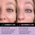 Before and after comparison showing correct thin application on left and incorrect thick application on right side of face.