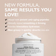 White anti-aging crème in glass jar with visible texture on beige background, labeled Mega-Rich Intensive Anti-Aging Crème, 1