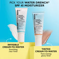 Two tubes of Water Drench SPF 45 moisturizer displayed against blue and yellow background, one clear and one tinted formula.