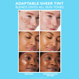 Six close-up facial images showing sheer tint moisturizer applied to different skin tones, demonstrating coverage before and 