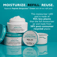 White moisturizer cream jars and refill pod displayed on turquoise background with product text and sustainability messaging.