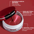 Pink hydrogel eye patches in white jar with black Peter Thomas Roth band on red background.