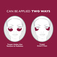 Illustrated diagrams showing two application methods for eye patches on a face against a burgundy background.