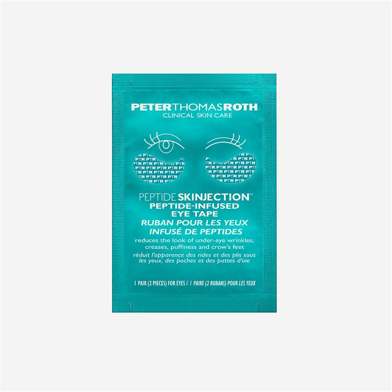 Turquoise sachet packet of Peter Thomas Roth Peptide Skinjection peptide-infused eye tape with illustrated eyes and product i