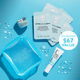 Seven-piece skincare travel kit including moisturizer, eye patches, and SPF product in blue container on light blue backgroun