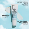 Peter Thomas Roth Water Drench SPF 45 sunscreen moisturizer tube with product swatches on light blue background.