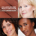 Bronze Glow collagen-infused multi-use stick shown on cheeks and lips across four skin tones.