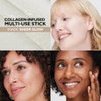 Collagen-infused multi-use stick in Sheer Glow shade shown on three models with varying skin tones.