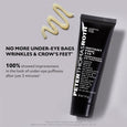 Black tube of Peter Thomas Roth Instant Firming Eye Temporary Eye Tightener next to three swatches of pale yellow cream on gr