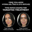 Two translucent hydra-gel patches applied to under-eye and forehead areas on a model's face.