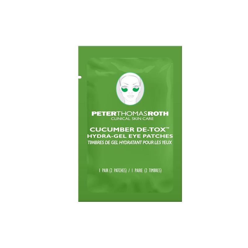 Peter Thomas Roth Cucumber DeTox Hydra-Gel eye patches packet with green background and illustrated face.