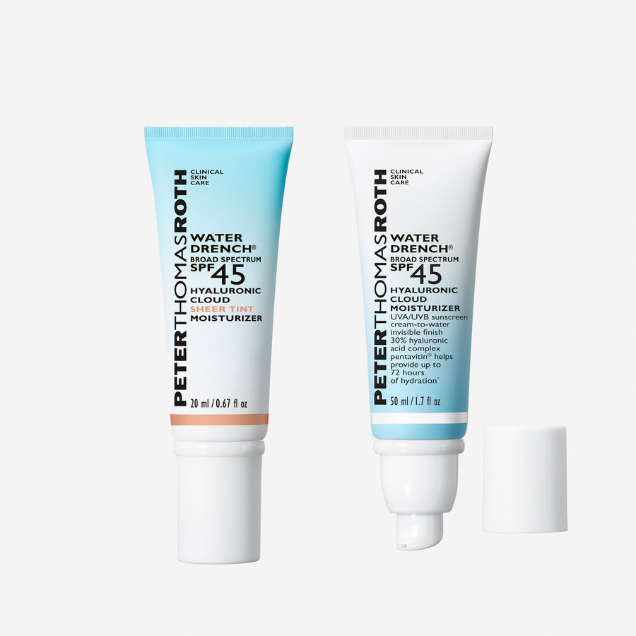 Two Peter Thomas Roth Water Drench SPF 45 sunscreen tubes in light blue and white with white caps, 30 ml and 50 ml sizes.