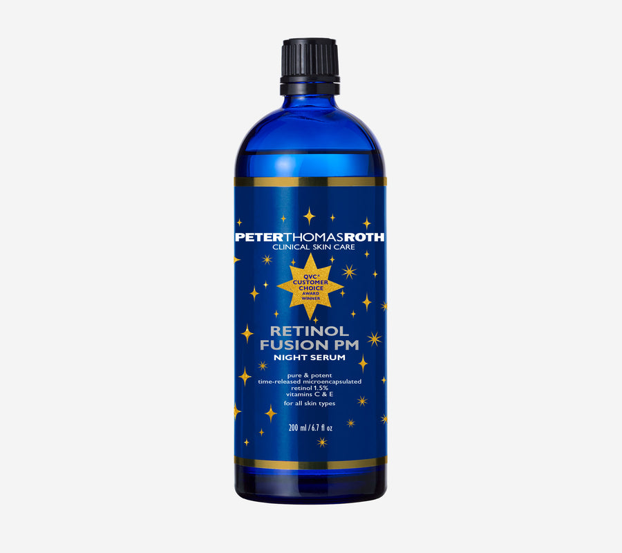 Peter Thomas Roth Retinol Fusion PM Night Serum in blue bottle with black cap and gold accents, 6.7 fl oz.
