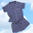 Navy and white striped short-sleeve shirt and matching shorts set displayed flat against a sky background.