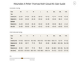 Size guide chart for MeUndies X Peter Thomas Roth Cloud Kit showing domestic and international measurements for chest, waist,